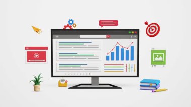 SEO sıralaması, içerik tanıtımı, arama motoru optimizasyonu, sayfa reklamları, arama sonuç sıralamasını iyileştirme, organik trafiği yönlendirme. İnternet sitesi sıralaması ve SEO 3D bir bilgisayarda. 4K 3B Canlandırma