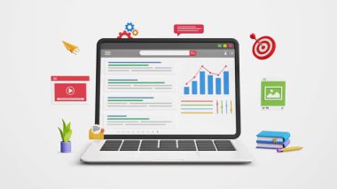 SEO sıralaması, içerik tanıtımı, arama motoru optimizasyonu, sayfa reklamları, arama sonuç sıralamasını iyileştirme, organik trafiği yönlendirme. İnternet sitesi sıralaması ve SEO 3D dizüstü bilgisayarda. 4K 3B Canlandırma