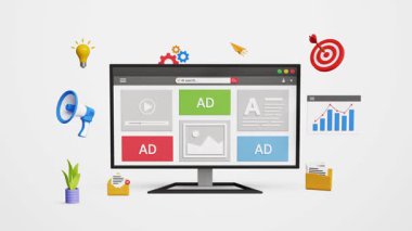 Dijital pazarlama stratejisi, online reklam, promosyon veya kampanya konsepti. İçerik ve reklamlar 3 boyutlu bilgisayar ekranında pazarlama simgeleriyle. 4K 3B Canlandırma
