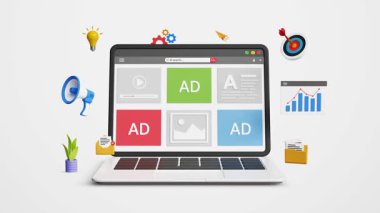 Dijital pazarlama stratejisi, online reklam, promosyon veya kampanya konsepti. İçerik ve reklamlar 3 boyutlu dizüstü bilgisayar ekranında pazarlama simgeleriyle. 4K 3B Canlandırma
