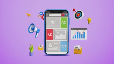 Dijital pazarlama, içerik planlaması ve reklam stratejisi. Pazarlama ve satışlarda iş yapay zekası teknolojisi. Seo optimizasyonu. Reklam ve içerik promosyonlu 3D mobil ekran. 4K 3B Canlandırma