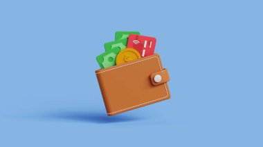 Dijital cüzdan ödeme ikonu. Çevrimiçi cüzdan veya ticari cüzdan, güvenli bankacılık, e-ticaret, yatırım konsepti. Çevrimiçi para aktarım uygulaması cüzdanı. 3B cüzdan simgesi