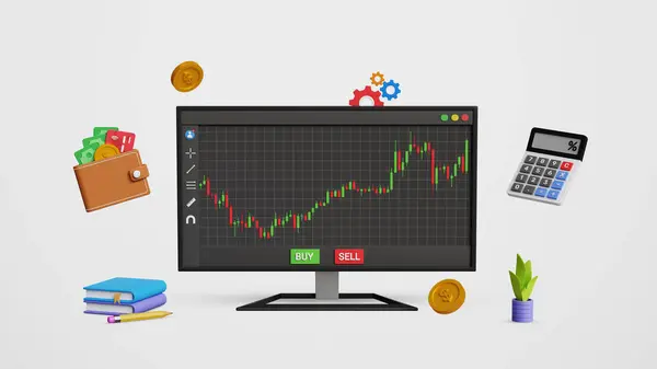 Borsada alım satım. Kripto para birimi ve Forex ticareti. Yatırım kararı, portföy yönetimi konsepti. 3 boyutlu bilgisayar ekranında cüzdan ve hesap makinesiyle şamdan çizelgesi