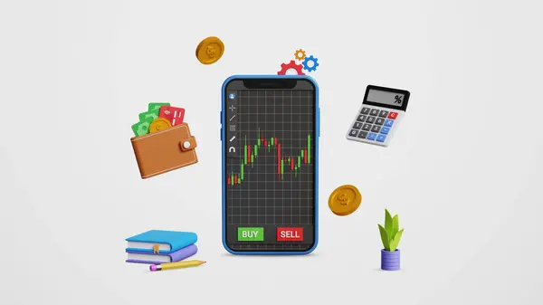 Borsada alım satım. Kripto para birimi ve Forex ticareti. Yatırım kararı, portföy yönetimi konsepti. 3 boyutlu mobil ekranda, cüzdan ve hesap makinesiyle şamdan şeması.