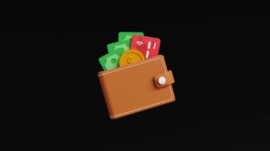 Dijital cüzdan ödeme ikonu. Çevrimiçi cüzdan veya ticari cüzdan, güvenli bankacılık, e-ticaret, yatırım. Çevrimiçi para aktarım uygulaması cüzdanı. Siyah arkaplanda üç boyutlu cüzdan simgesi. 4K 3B Canlandırma