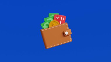 Dijital cüzdan ödeme ikonu. Çevrimiçi cüzdan veya ticari cüzdan, güvenli bankacılık, e-ticaret, yatırım. Çevrimiçi para aktarım uygulaması cüzdanı. Mavi arka planda üç boyutlu cüzdan simgesi. 4K 3B Canlandırma