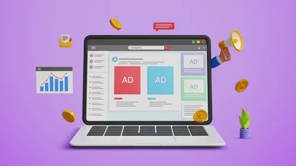 Dijital pazarlama stratejisi, reklam paneli konsepti. Çevrimiçi reklamcılık, hedef müşteriler, içerik SEO ve ücretli promosyon konsepti. Sosyal medya sitesinde reklamları olan bir laptop. 3B illüstrasyon