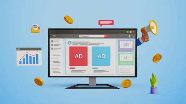 Çevrimiçi reklam konsepti. Dijital pazarlama, ürün reklamları, promosyon, kampanya veya hizmet reklamları. Bilgisayarda sosyal medya reklamı. 3B illüstrasyon