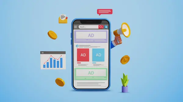 Çevrimiçi reklam konsepti. Dijital pazarlama, ürün reklamları, promosyon, kampanya veya hizmet reklamları. Cep telefonunda sosyal medya reklamı. 3B illüstrasyon