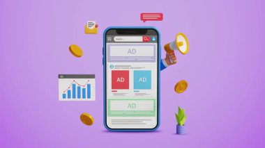 Dijital pazarlama stratejisi, reklam paneli konsepti. Çevrimiçi reklamcılık, hedef müşteriler, içerik SEO ve ücretli promosyon konsepti. Sosyal medya sitesinde reklamları olan bir cep telefonu. 4K 3B Canlandırma