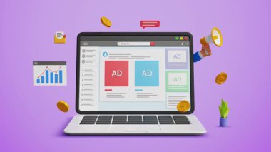 Dijital pazarlama stratejisi, reklam paneli konsepti. Çevrimiçi reklamcılık, hedef müşteriler, içerik SEO ve ücretli promosyon konsepti. Sosyal medya sitesinde reklamları olan bir laptop. 4K 3B Canlandırma