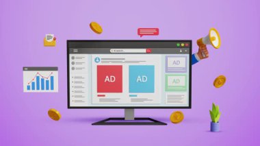Dijital pazarlama stratejisi, reklam paneli konsepti. Çevrimiçi reklamcılık, hedef müşteriler, içerik SEO ve ücretli promosyon konsepti. Sosyal medya sitesinde reklamları olan bir bilgisayar. 4K 3B Canlandırma