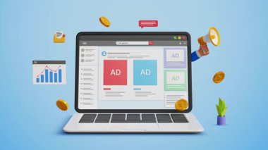Çevrimiçi reklam konsepti. Dijital pazarlama, ürün reklamları, promosyon, kampanya veya hizmet reklamları. Bir dizüstü bilgisayarda sosyal medya reklamı. 4K 3B Canlandırma