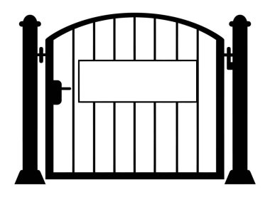 Merkezinde boş bir tabela olan kapalı bir kapının siyah beyaz çizimi güvenlik, giriş veya tasarım projeleri için mükemmeldir.