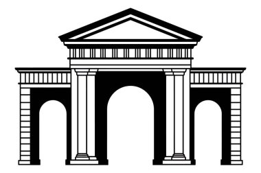 Klasik bir kemer yolu sergilenen tek renkli bir resim. Belirgin sütunlar, üçgen pedikür ve simetrik tasarım elementleri.