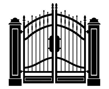 Süslemeli demir kapılı sütunların siyah beyaz çizimi. Tasarım simetrik ve dekoratif, güvenlik için mükemmel..