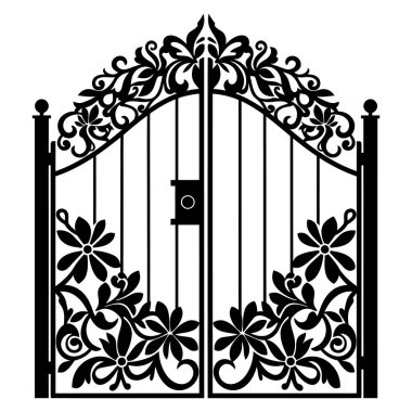 Bu süslü bir demir kapı, çiçekli süslemelerle işlenmiş. Tasarım siyah beyaz bir siluet, karmaşık detaylar ve kıvrımlar sergiliyor..