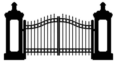 Süslü metal bir kapının siyah silueti iki sütun arasında duruyor. Tasarım dekoratif, güvenlik duygusu ve klasik stil sunuyor..