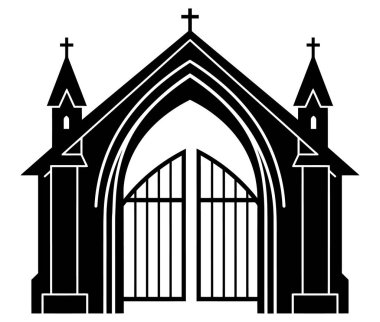 Siyah ve beyaz grafikler haçlı gotik bir kapı gösteriyor. Kapının iki tarafında da kuleler ve girişin üstünde bir kemer var..