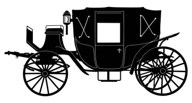 Karmaşık tekerlek detaylarıyla çizilmiş bir at arabasının siyah silüeti. Bu araba klasik, zarif ve klasik bir tasarım..