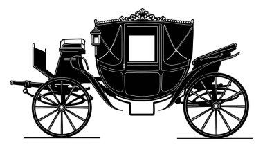 Siyah ve beyaz bir siluet süslemeli bir at arabası tasvir eder, klasik zarafet ve tarihi ulaşım yöntemlerinin bir sembolüdür..