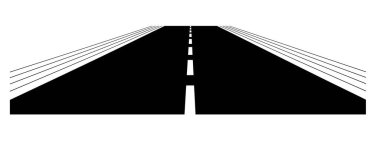 Beyaz şerit işaretleriyle uzaklığa doğru çekilen bir yolun minimalist siyah-beyaz çizimi perspektif ve derinlik hissi yaratıyor..