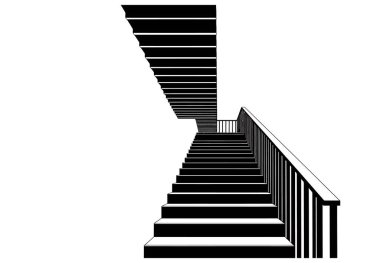 Tek renkli resimde gölgelere doğru yükselen korkuluklu bir merdiven görülüyor. Tasarım basit, siyah ve beyaz arasında bir kontrast oluşturuyor..