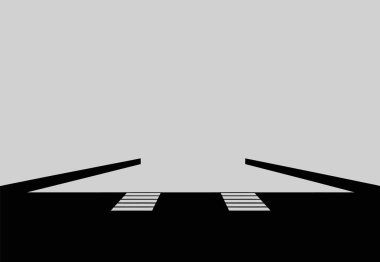 Bir monokrom illüstrasyonunda zebra kesişmeleri ve birbirine yaklaşan çizgileri olan bir yol, minimalist ve soyut bir geometrik tasarım oluşturur..