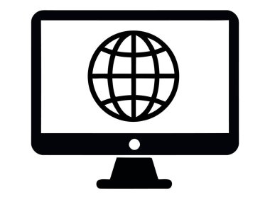 Siyah beyaz bir bilgisayar monitörü bir dünya sembolü gösterir. Basit bir tasarımda internet, küresel bağlantı ve dijital iletişimi temsil eder..