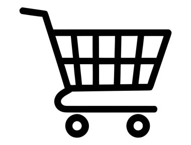 Bir alışveriş arabasının minimalist siyah beyaz simgesi. Basit bir çizgi çizimi içerir, web tasarımı veya yazdırma materyallerinde kullanmak için idealdir.