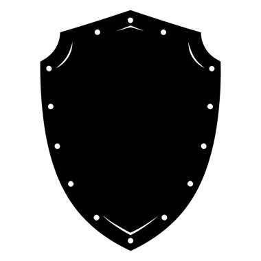 Beyaz arka planda izole edilmiş beyaz perçin ve kıvrımlı kenarlı siyah bir kalkan, temiz ve basit bir vektör grafik tasarımı olarak sunulur.