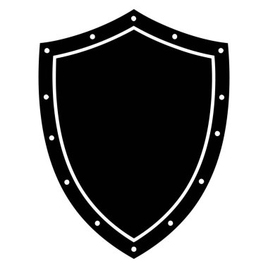 Beyaz çizgili ve perçinli siyah bir hanedan kalkanı. Beyaz arka planda izole edilmiş bir vektör grafiği. Koruma ve güvenliği temsil eder.