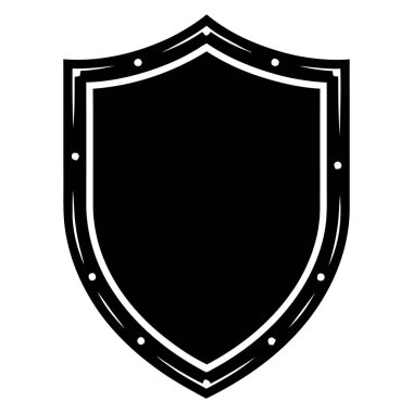 Dekoratif kenarlı siyah beyaz bir kalkan çizimi. Tasarım basit, temiz ve çeşitli grafik projeleri ve şablonlar için idealdir..