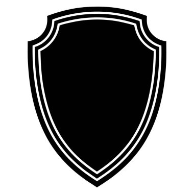 Beyaz çizgili ve sivri uçlu siyah bir kalkan, beyaz arka plana karşı, basit ve minimalist bir tasarım. Vektör illüstrasyonu.