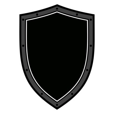 Gri kenarlı siyah bir kalkan ve karikatür stili tasarım sanatı, basit grafik öğesi ve şablonu beyaz arka planda perçinleniyor.