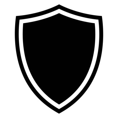 Beyaz çizgili basit bir siyah kalkan, beyaz bir arkaplana karşı dimdik durur, temiz ve modern bir vektör grafiği olarak sunulur.