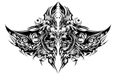 Kafatasları, kanatları ve kabile desenleri içeren detaylı bir siyah-beyaz tasarım. Temiz beyaz bir arka planda gotik ve süslü bir havası var..