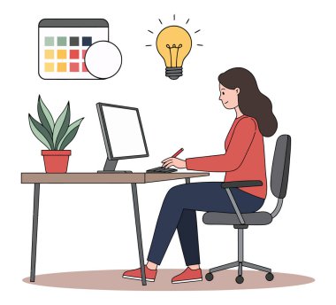 Bir kadın masasında bilgisayar, takvim, ampul ve ev veya iş için minimalist çizgi film tarzı bir resimle çalışıyor.