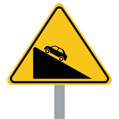 Bu görüntü, sarp bir tepeden aşağı inen siyah bir arabanın sarı uyarı işaretini gösteriyor. Gri bir direğe kurulmuş. İleride bir yol tehlikesi olduğunu gösteriyor..