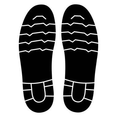 Beyaz lastik desenli iki siyah ayakkabı izi beyaz bir arkaplanda, tabanın tasarımını gösteren basit bir grafik tarzında izole edilmiş..
