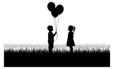Beyaz bir arkaplan üzerine kurulmuş, elinde balonlarla tarladaki bir kıza bakan siyah-beyaz bir görüntü çizen bir çocuğun silüeti..