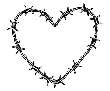 Beyaz bir arkaplanda dikenli telden yapılmış bir kalp çizimi. Keskin metal çiviler, sevgi ve acıyı harmanlayan tehlikeli ama sembolik bir görüntü yaratır..