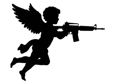 Beyaz bir arkaplana karşı tüfeği nişan alan siyah bir aşk tanrısı silueti, bu illüstrasyon tarzı görüntüde katıksız bir kontrastlık yaratır