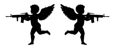 Silahlı iki melek silueti. Siyah beyaz grafik tasarımı. Görüntü, masumiyet ve saldırganlık arasında bir tezat olduğunu gösteriyor..