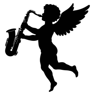 Beyaz bir arka planda kanatlı saksafon çalan bir meleğin silueti. Müzikal yetenek ve fantezinin sergilendiği bir tasarım sanatı..