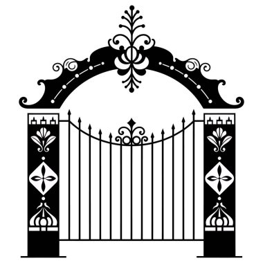 Dekoratif kemer ve sütunlarla işlenmiş demirden bir kapının siyah ve beyaz silueti klasik ve zarif bir tasarım unsurunu sergiliyor.