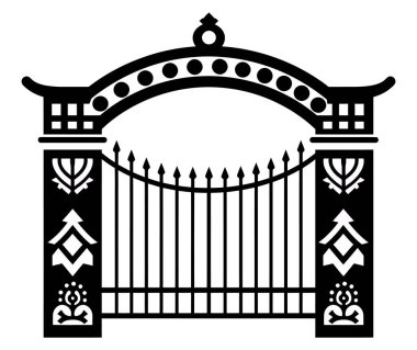 Bu süs tasarımı olan dekoratif bir kapının siyah beyaz vektör görüntüsü. Sivri uçlu çit direkleri ve üzerinde kavisli bir kemer var..