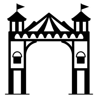 Beyaz bir arkaplan üzerinde bayraklar ve kovalarla bir karnaval girişinin siyah silueti, bir vektör illüstrasyonu olarak hazırlanır.