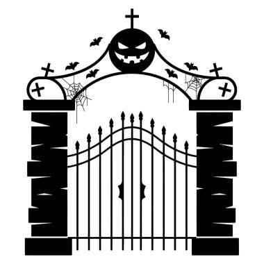 Balkabağı suratlı, ürkütücü bir cadılar bayramı kapısı. Yarasalar, haçlar ve siyah beyaz siluet şeklinde örümcek ağları. Tasarımınız için mükemmel.