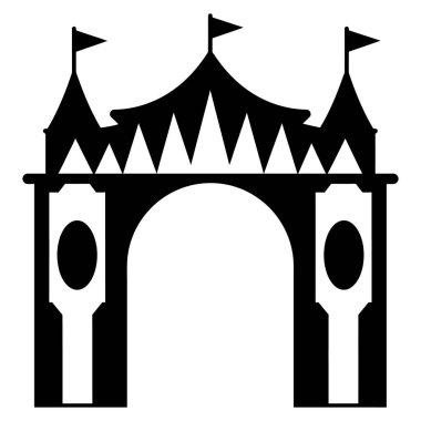 Sirk çadırı girişinin çarpıcı siyah beyaz silueti, bayraklar ve kemerli bir açıklık, olay ya da tasarım projeleri için mükemmel.